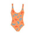 Female one piece swimsuit. Stylish orange swimwear with abstract pattern.