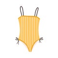 Female one-piece swimsuit. Stylish yellow strapped swimwear. Striped swim clothes. Flat colorful vector illustration