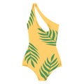 Female one piece swimsuit. Stylish yellow swimwear with green branch palm.