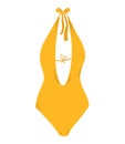 Female one piece swimsuit. Stylish yellow swimwear. Swim clothes with big neckline and neck ties.