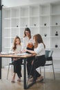 Female operations manager holds meeting presentation for a team of economists.