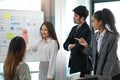 Female Operations Manager Holds Meeting Presentation for a Team of Economists. Asian Woman Uses Digital Whiteboard with Growth Royalty Free Stock Photo