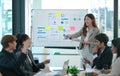 Female Operations Manager Holds Meeting Presentation for a Team of Economists. Asian Woman Uses Digital Whiteboard with Growth Royalty Free Stock Photo