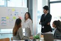 Female Operations Manager Holds Meeting Presentation for a Team of Economists. Asian Woman Uses Digital Whiteboard with Growth Royalty Free Stock Photo