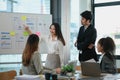 Female Operations Manager Holds Meeting Presentation for a Team of Economists. Asian Woman Uses Digital Whiteboard with Growth Royalty Free Stock Photo