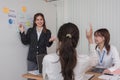 Female Operations Manager Holds Meeting Presentation for a Team of Economists. Asian Woman Uses Digital Whiteboard with Royalty Free Stock Photo