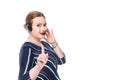 female operator of call center with headset doing idea gesture