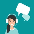 Female operator with headphones, microphone and speech bubble on blue background Royalty Free Stock Photo