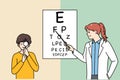 Female ophthalmologist check eyesight of boy child