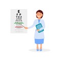 Female ophthalmologist holding digital tablet and pointing at letters of eye chart. Vision test. Oculist s office Royalty Free Stock Photo