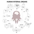 Female organs. Kids anatomy human body. Girl silhouette with visual internal organs characters with faces, name and