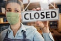 Female Owner Of Small Business Wearing Face Mask Turning Round Closed Sign During Health Pandemic