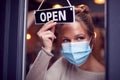 Female Owner Of Small Business Wearing Face Mask Turning Round Open Sign During Health Pandemic