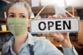 Female Owner Of Small Business Wearing Face Mask Turning Round Open Sign During Health Pandemic