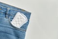 Female pad in front jeans pocket on white background top view with copy space