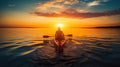 female paddling kayak boat at sunset on lake or river, tranquil scene, generative AI