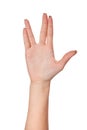 Female palm hand vulcan gesture, isolated on white Royalty Free Stock Photo