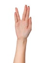 Female palm hand vulcan gesture, isolated on white Royalty Free Stock Photo