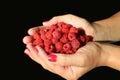 In female palms lies red, juicy raspberries