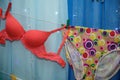 Female panties and bra hanging on rope