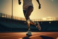 A female para-athlete runs in a stadium with a treadmill on a prosthetic leg, Para-Athletics Championships. parasport