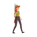 Female Park Ranger in Khaki Hat and Shirt Walking Carrying Rifle Protecting and Preserving National Parkland Vector