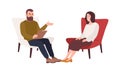 Female patient in armchair and male psychologist, psychoanalyst or psychotherapist sitting in front of her and talking