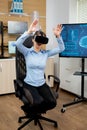 Female patient exploring virtual reality in futuristic laboratory