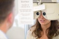 female patient under going eye test through phoropter Royalty Free Stock Photo