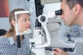 Female patient under going eye test through phoropter Royalty Free Stock Photo