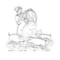 Female Peasant Farmer Feeding Pigs Line Art Drawing Black and White