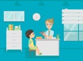 Female Pediatrician Doctor Consulting Boy Patient in Medical Office Vector Illustration