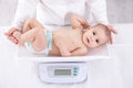 Female pediatrician weighing baby in office