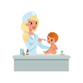 Female pediatrician in white coat taking spoon of syrup medicine to infant baby, healthcare for children vector
