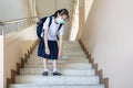 Female people in a medical mask,suffering from colds,acute asthma attack,tired exhausted asian child girl with dyspnea,short