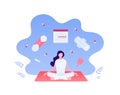 Female periods concept. Vector flat character illustration. Woman sitting in lotus meditation pose. Calendar, pads, pills symbol.