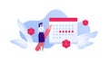 Female periods concept. Vector flat character illustration. Woman standing with pencil. Calendar with flower symbol. Design for