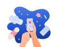 Female periods concept. Vector flat illustration. Female hands hold smart phone with calendar and blood drop on screen.