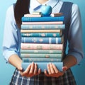 A female person holding a stack of books