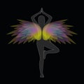 Female person meditates with colorful wings