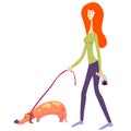 Person picked up the dog`s shit. Red haired girl picking up a dog`s poop put it into a bag. isolated on white vector illustration Royalty Free Stock Photo