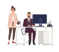 Female personal assistant poring coffee in cup of male boss sitting at desk and working on computer. Male and female