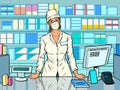 Female pharmacist during an outbreak of the coronavirus. Working in a pharmacy. Medicine sales Royalty Free Stock Photo