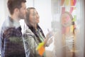 Female photo editor with coworker looking at multi colored sticky notes Royalty Free Stock Photo