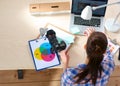 Female photographer sitting on the desk with laptop