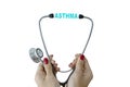 Female physician with stethoscope and asthma word