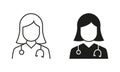 Female Physicians Specialist, Medical Assistant Pictogram. Professional Doctor with Stethoscope Line and Silhouette