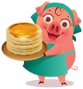 Female Pig cook keep stack of pancakes shrovetide carnival symbol Royalty Free Stock Photo