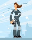 Female pilot on planes background