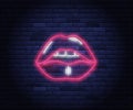 Female pink lips neon vector illustration